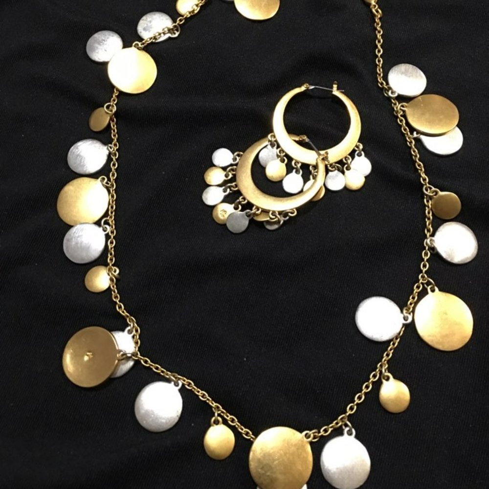 gold and silver metal disc necklace and earrings set